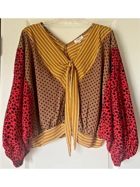 Umgee Blouse Top Size Small Mixed Print Polka Dots Stripes Animal Print